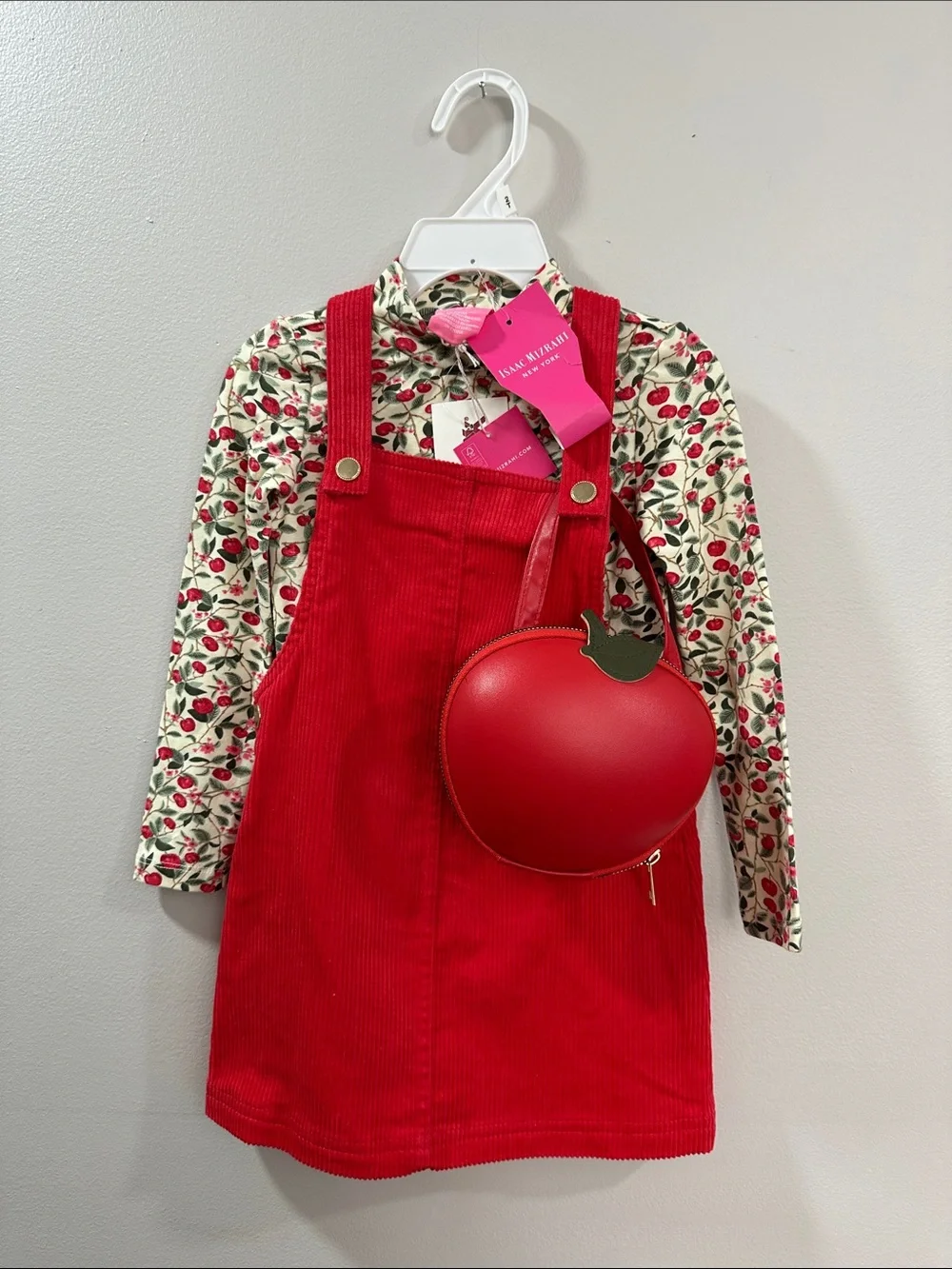 Isaac Mizrahi Red Corduroy Pinafore Dress with Cherry Print Tee